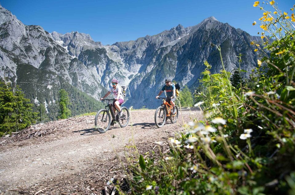 Biken & Radfahren E-Biker im Sommer auf dem Weg zur Walderalm in Gnadenwald