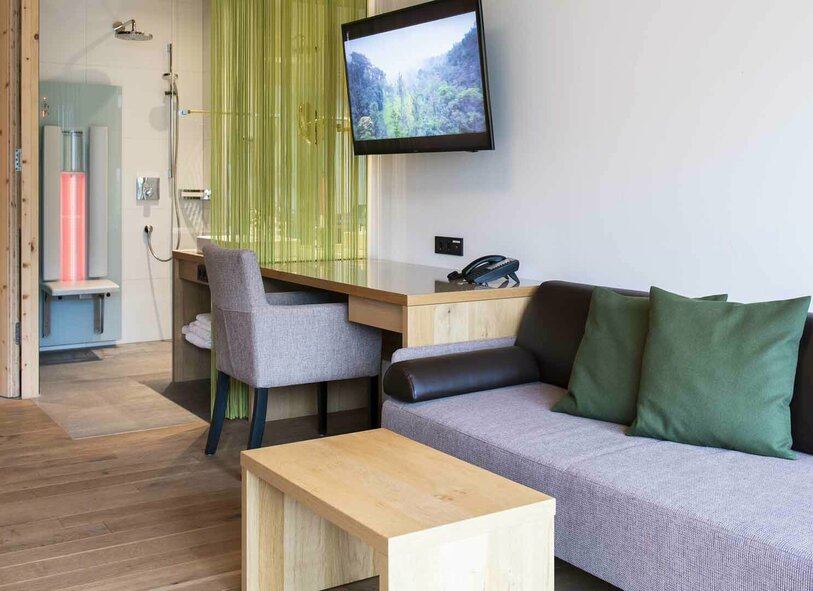 Sitzgelegenheit in der Gartensuite Blick auf Couch, TV, Schreibtisch und Badezimmer in der Gartensuite