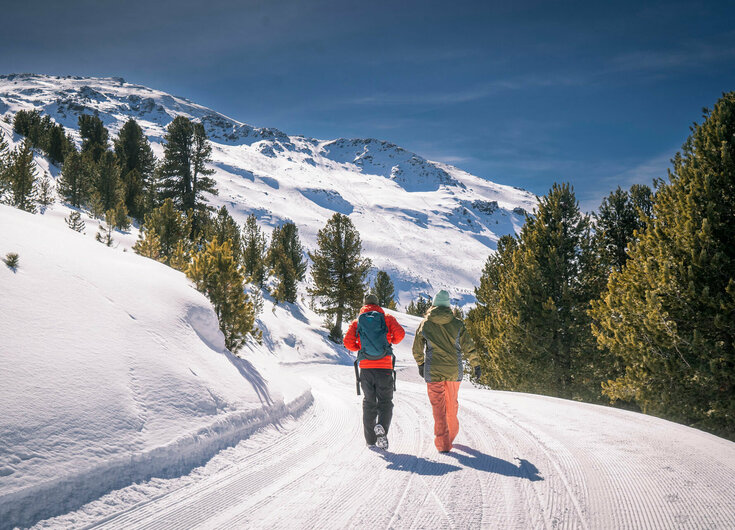 Pärchen beim Wandern im Schnee von hinten fotografiert