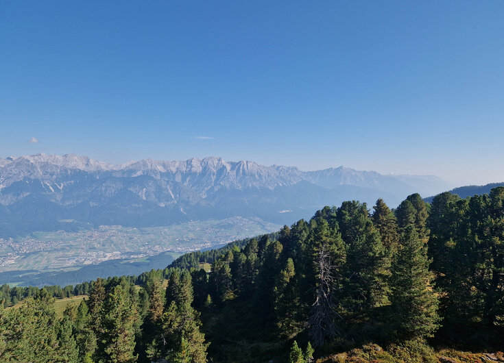 Zirbenweg mit Blick ins Inntal bei strahlendem Wetter